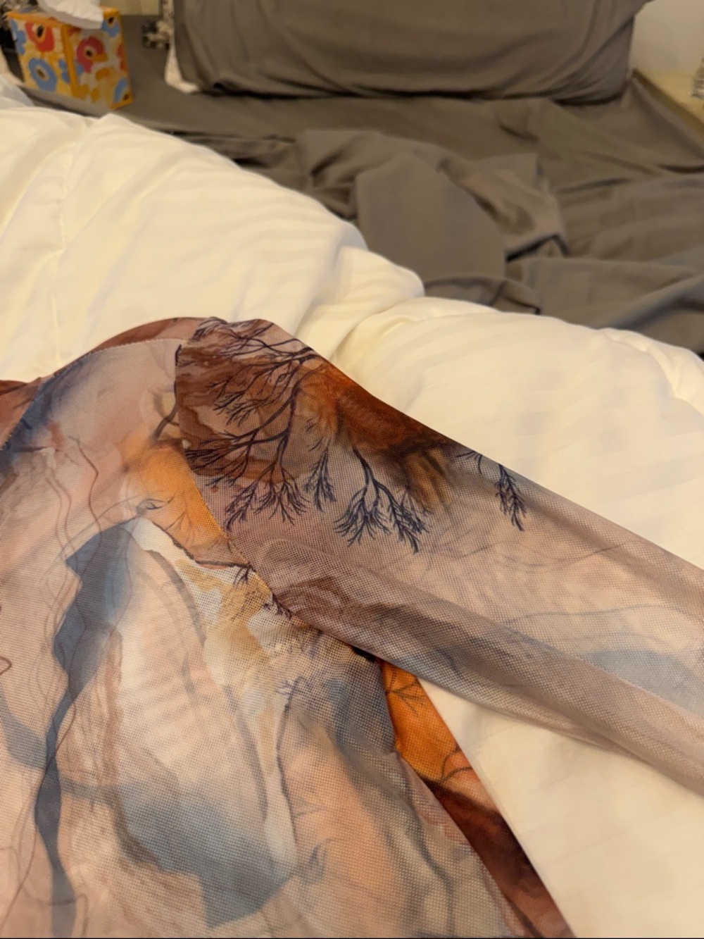 Long Sleeve Abstract Print MaxiDress in Brown & Blue Mesh - Picture 7 of 10